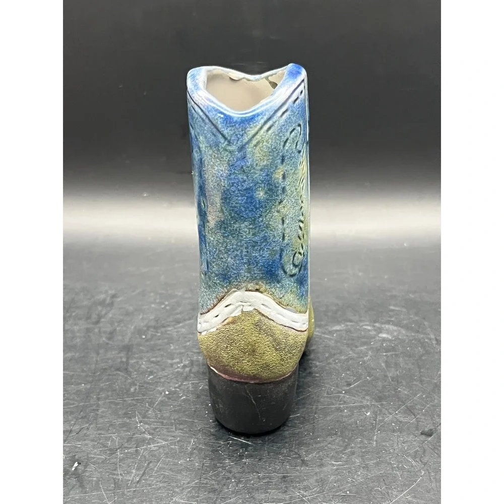 Jeremy Diller Raku Pottery Cowboy Boot Vase Planter Signed Mexico Southwest 4.5